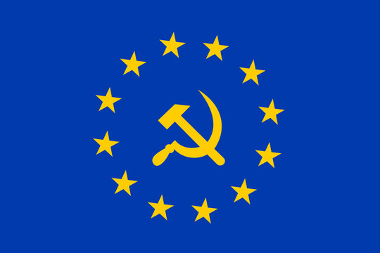 European Union as socialist and leftist institution. Vector illustration of hammer and sickle on blue field with yellow stars.