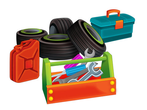 cartoon scene with wheels petrol canister and tool boxes on white background - illustration for children 