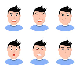 Set of man face character icons. Flat style vector illustration. People emotions.