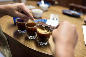 Fototapeta na wymiar Professional coffee cupping, coffee tasting