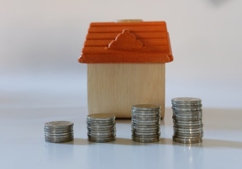 coin stack & house model. plan for property purchase. mortgage loan, real estate investment concept