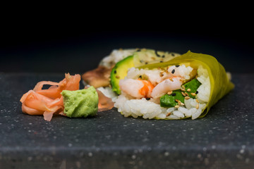 Japanese food Salmon and shrimp temaki sushi