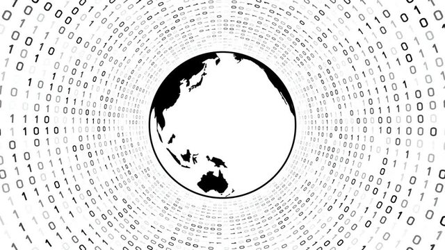 Black globe icon with continents form black binary tunnel on white background. Seamless loop. More icons and color options available in my portfolio.
