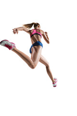 The studio shot of high jump female athlete is in action