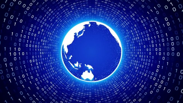White globe icon with continents form white binary tunnel on blue background. Seamless loop. More icons and color options available in my portfolio.
