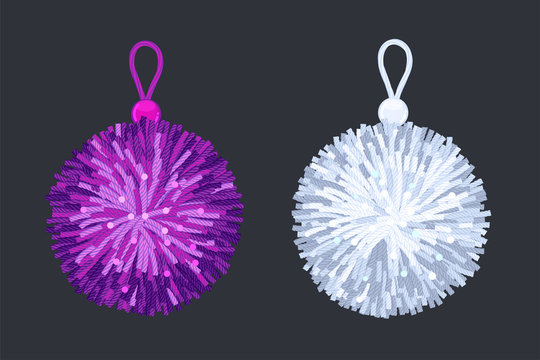 soft pompon balls. vector illustration of a violet and silver pendant