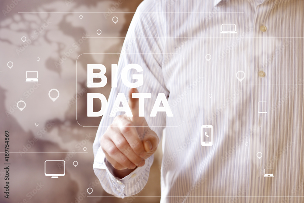 Poster big data button technology and internet concept on the virtual screen on map.