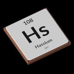 Chemical Element Hassium Embossed Metal Plate on a Black Background