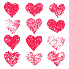 Hand drawn grunge hearts on a white background. Valentine's day vector set.