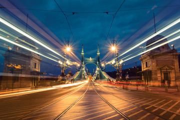 Fototapeta na wymiar Night traffic light trails on Liberty bridge, Budapest