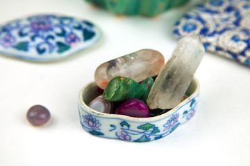 Gemstones in a vintage ceramic jewelry box