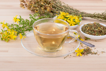 herbal tea / Cup of herbal tea with dried and fresh St. John's wort