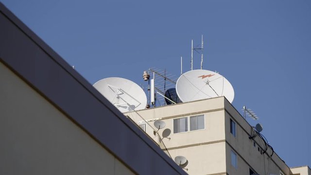 Satellite dishes for receiving television signals in Hay River, NWT. Located on the MacKenzie Place highrise.