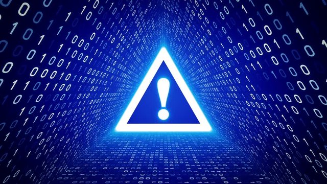 White attention sign form white binary tunnel on blue background. Seamless loop. More icons and color options available in my portfolio.