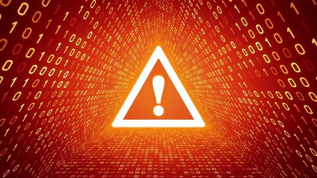 White attention sign form yellow binary tunnel on orange background. Seamless loop. More icons and color options available in my portfolio.