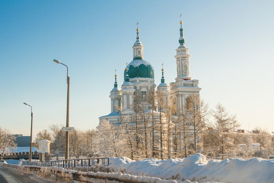 The current Cathedral of St. Catherine. Kingisepp of Leningrad oblast, Russia snow winter
