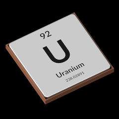 Chemical Element Uranium Embossed Metal Plate on a Black Background