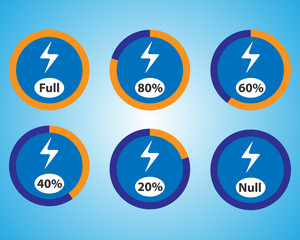 Set of energy quantity indicators icons. Vector blue charge indicators. Round vector elements.