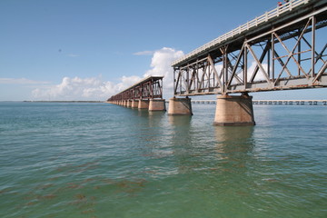 Overseas highway - interrupted old Seven Mile Bridge, Florida Keys. Side view.