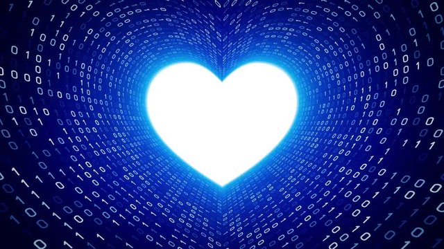White heart icon form white binary tunnel on blue background. Seamless loop. More icons and color options available in my portfolio.