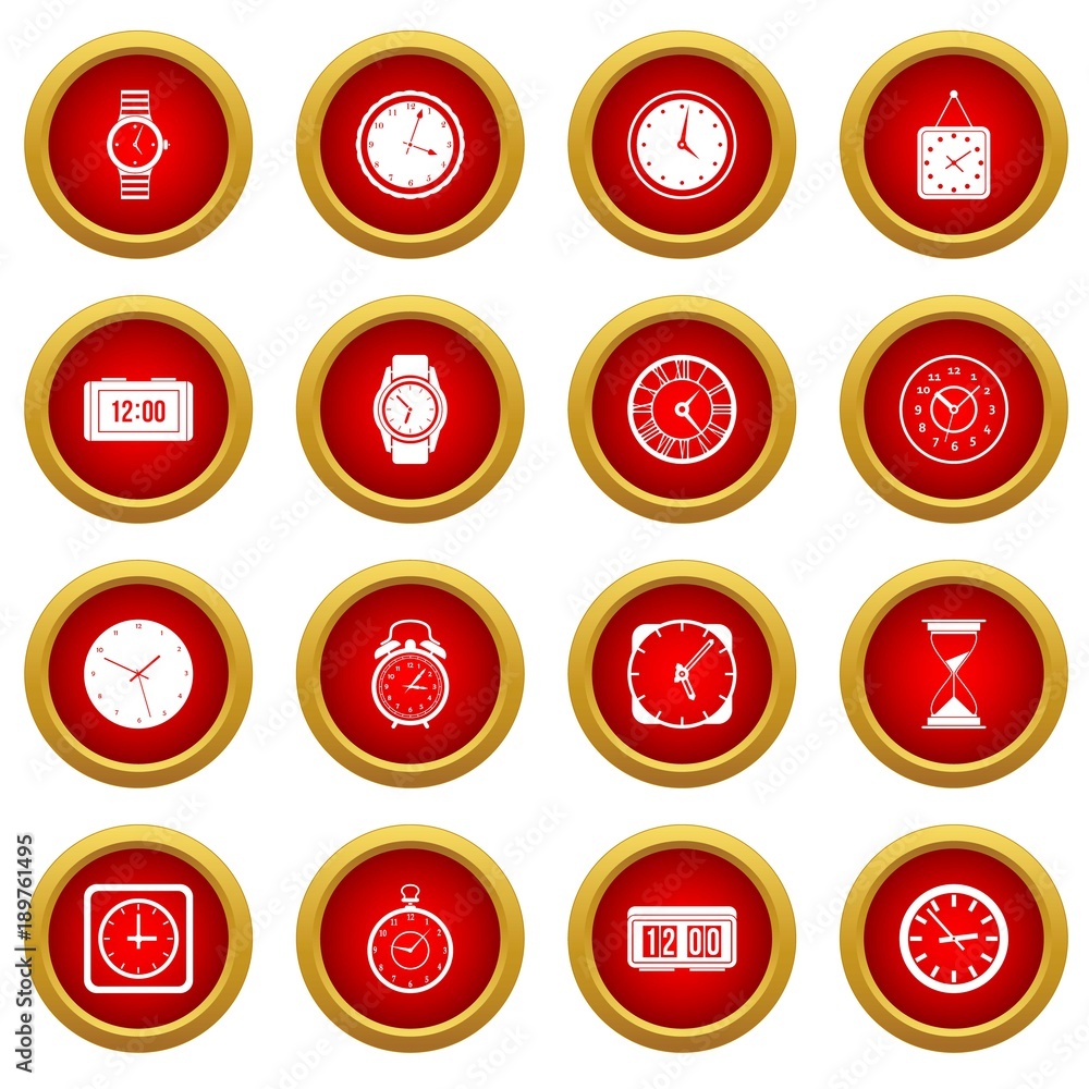 Poster time and clock icon red circle set