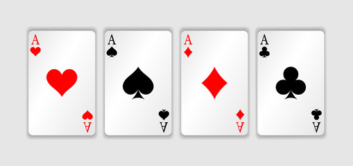 Set of four aces playing cards suits. Winning poker hand. Set of hearts, spades, clubs and diamonds ace
