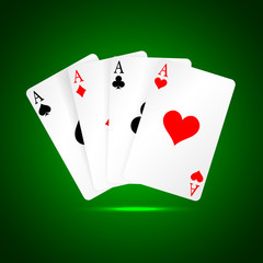 Set of four aces playing cards suits. Winning poker hand. Set of hearts, spades, clubs and diamonds ace