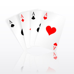 Set of four aces playing cards suits. Winning poker hand. Set of hearts, spades, clubs and diamonds ace with reflection