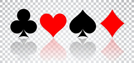 Set of hearts, spades, clubs and diamonds with reflection on transparent background