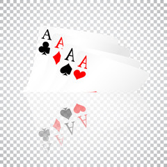 Set of four aces playing cards suits. Winning poker hand. Set of hearts, spades, clubs and diamonds ace with reflection on transparent background