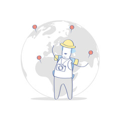 Tourist photographer travel. Cute concept of the world adventure travel. Journey, tour, trip, tourist with globe map and geo pins, trip global tour illustration. Cute happy tourist with backpack