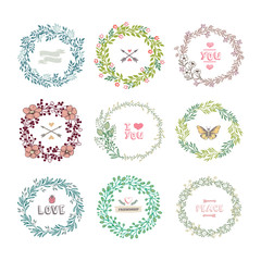 Set of colorful wreath isolated on white background. Vector template with flourishes ornament elements.