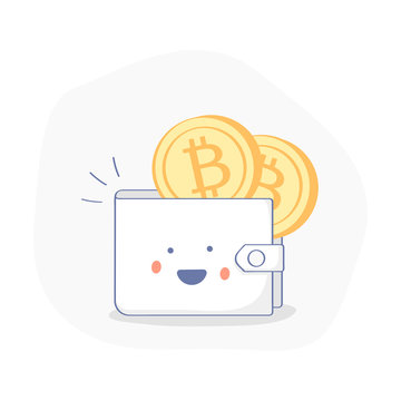 Cute funny cartoon Bitcoin wallet with crypto currency and electronic money coins, tokens. Flat outline cryptocurrency, digital currency account icon.