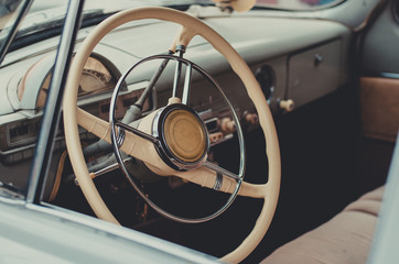 Steering wheel and inside interior of the retro soviet car