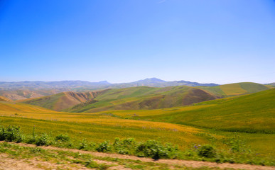 Fototapeta na wymiar Rural landscape. Green hills, blue sky