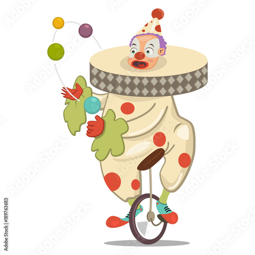 "Circus clown juggling on a unicycle. Vector cartoon character isolated