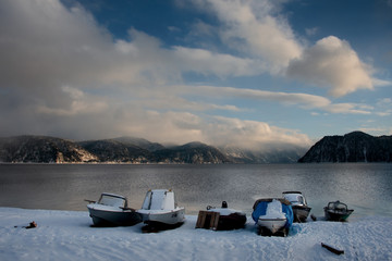 Russia. mountain Altai. Sunset on lake Teletskoye.