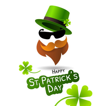 Symbol of Saint Patrick's Day character leprechaun with green hat, beard and glasses. 