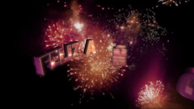 Seamless looping fireworks with the 3d animated text „Feliz Año Nuevo (happy new year in Spanish)” in 4K resolution
