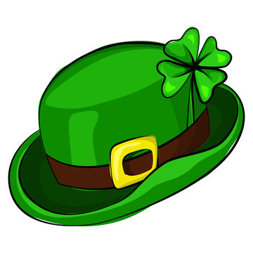 St. Patrick's Day leprechaun hat with four leaf clover. Vector cartoon illustration isolated on white background. Symbols of the Irish holiday.