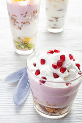 Homemade yogurt meal with fruits, selective focus. Light healthy food concept.