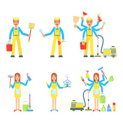 Cleaning service. Man and woman in uniform, clean tools. Vacuum cleaner and ladder, mop and bucket. Flat vector cartoon illustration. Objects isolated on white background.