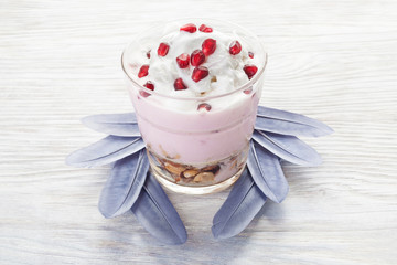 Homemade yogurt meal with fruits, selective focus. Light healthy food concept.