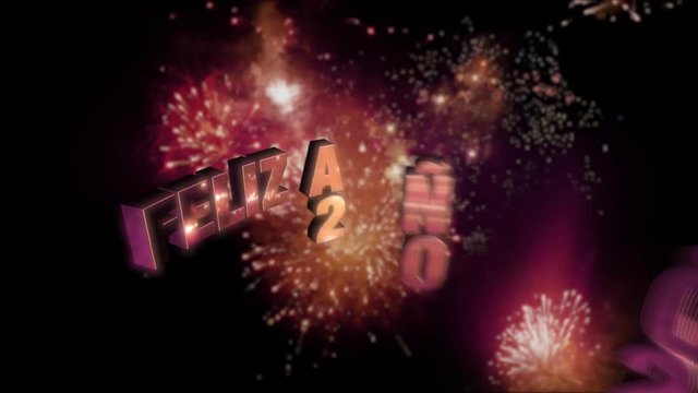 Seamless looping fireworks with the 3d animated text „Feliz Año Nuevo (happy new year in Spanish) 2020” in 4K resolution