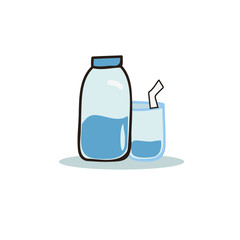 Cartoon bottle of water and glasses vector illustration.Glass of water.