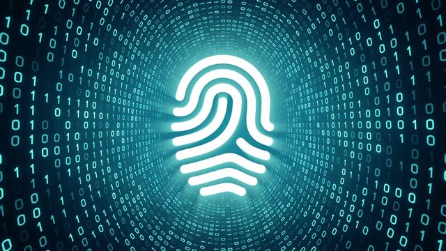 White fingerprint icon form cyan binary tunnel on cyan background. Digital security concept. Seamless loop. More icons and color options available in my portfolio.