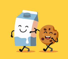Cartoons of fun characters milk and cookies.