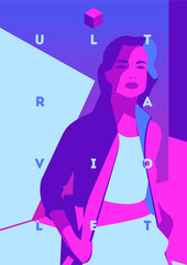 Fashion portrait of a model girl and neon light. Ultraviolet trendy colors poster or flyer.