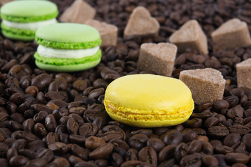 coffee background with yellow cookies, with sugar in the form of heart