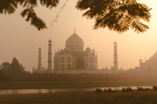 Taj Mahal seen from Mehtab Bagh Garden on the otherside of Yamuna River, Agra, Uttar Pradesh